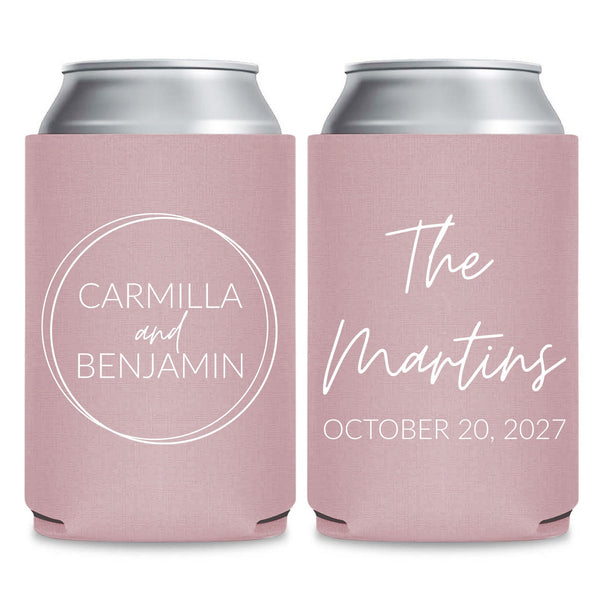Two pink fabric beverage coolers with text printed on them.