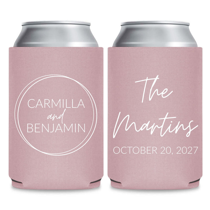 Two pink fabric beverage coolers with text printed on them.