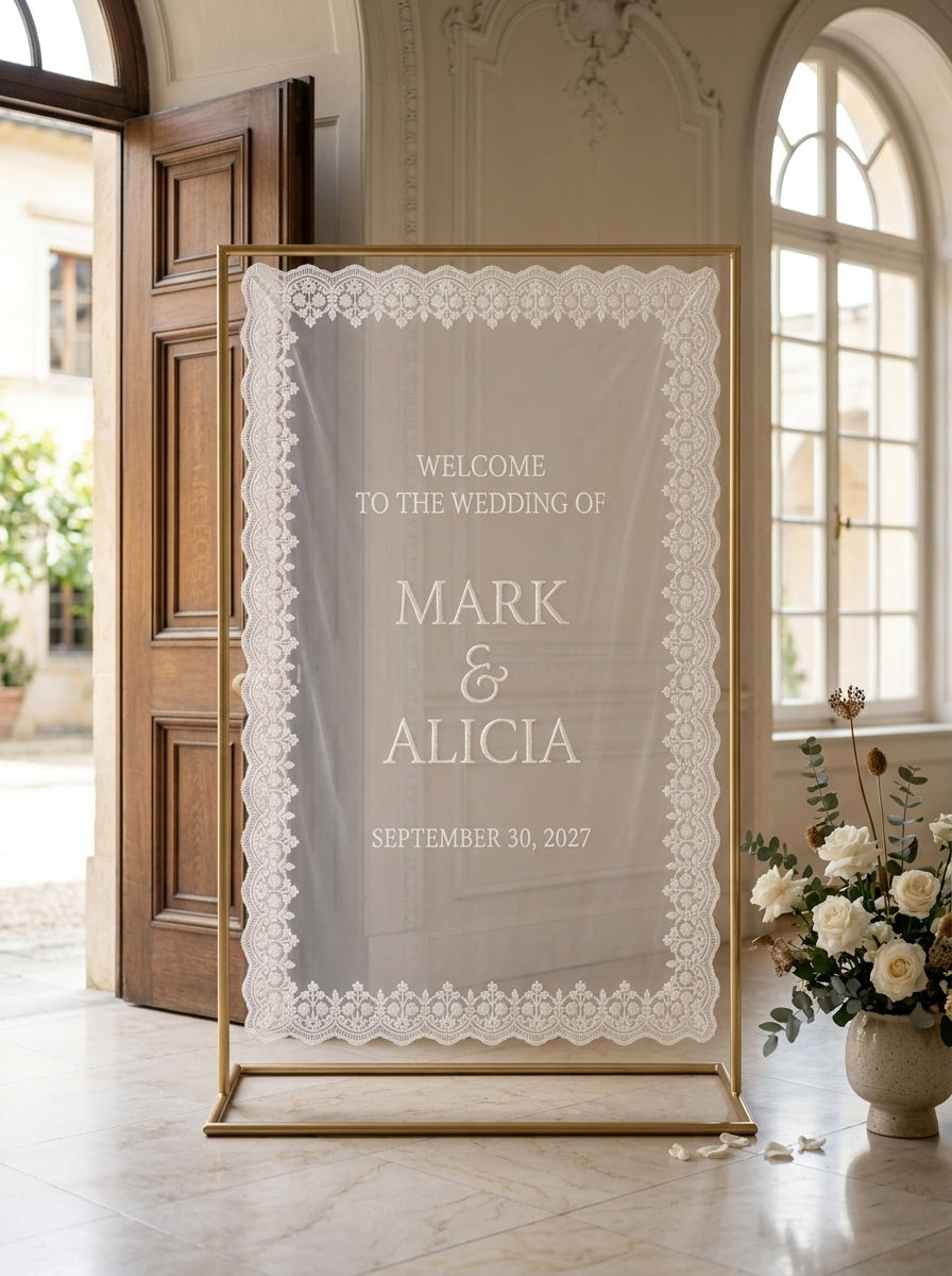 Custom Sheer Lace Wedding Welcome Sign
