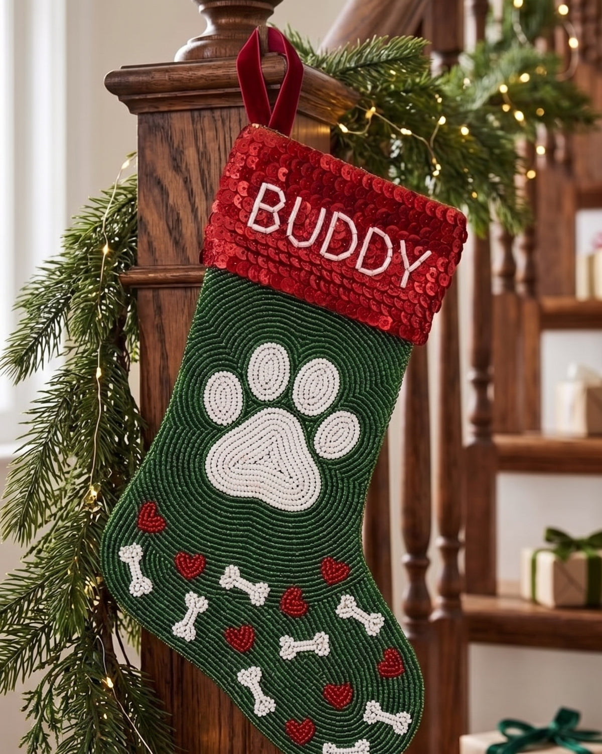 Paw Print Pet Beaded Stocking