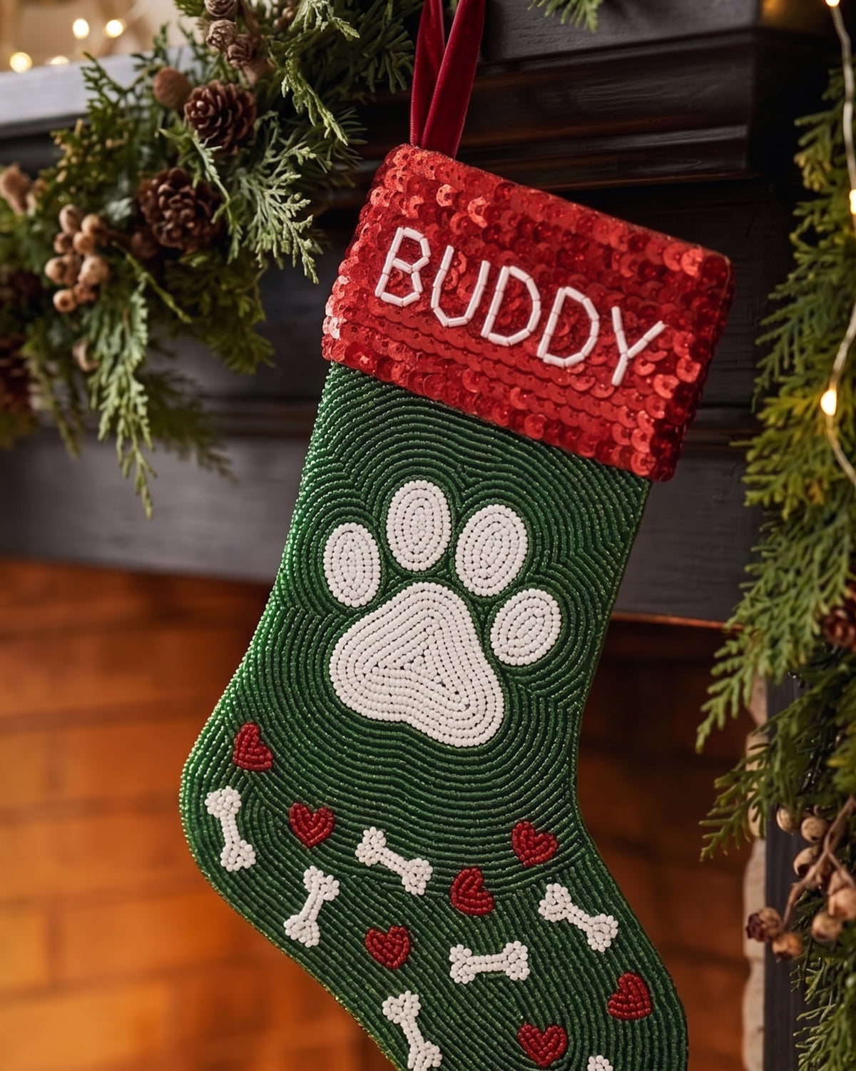 Paw Print Pet Beaded Stocking