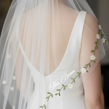 a close-up view of a bride's back, focusing on her white wedding dress with a delicate floral veil.