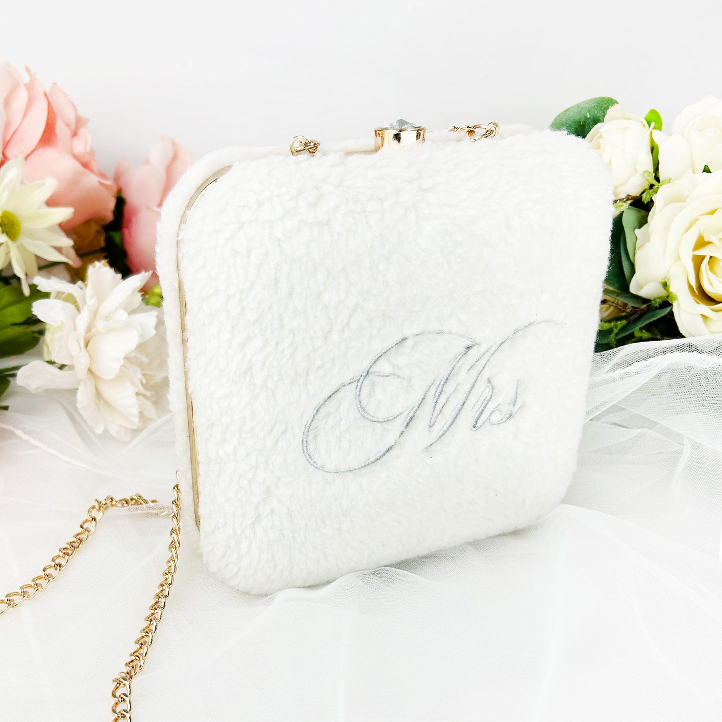 Faux Fur Embroidered Box Clutch for Bride