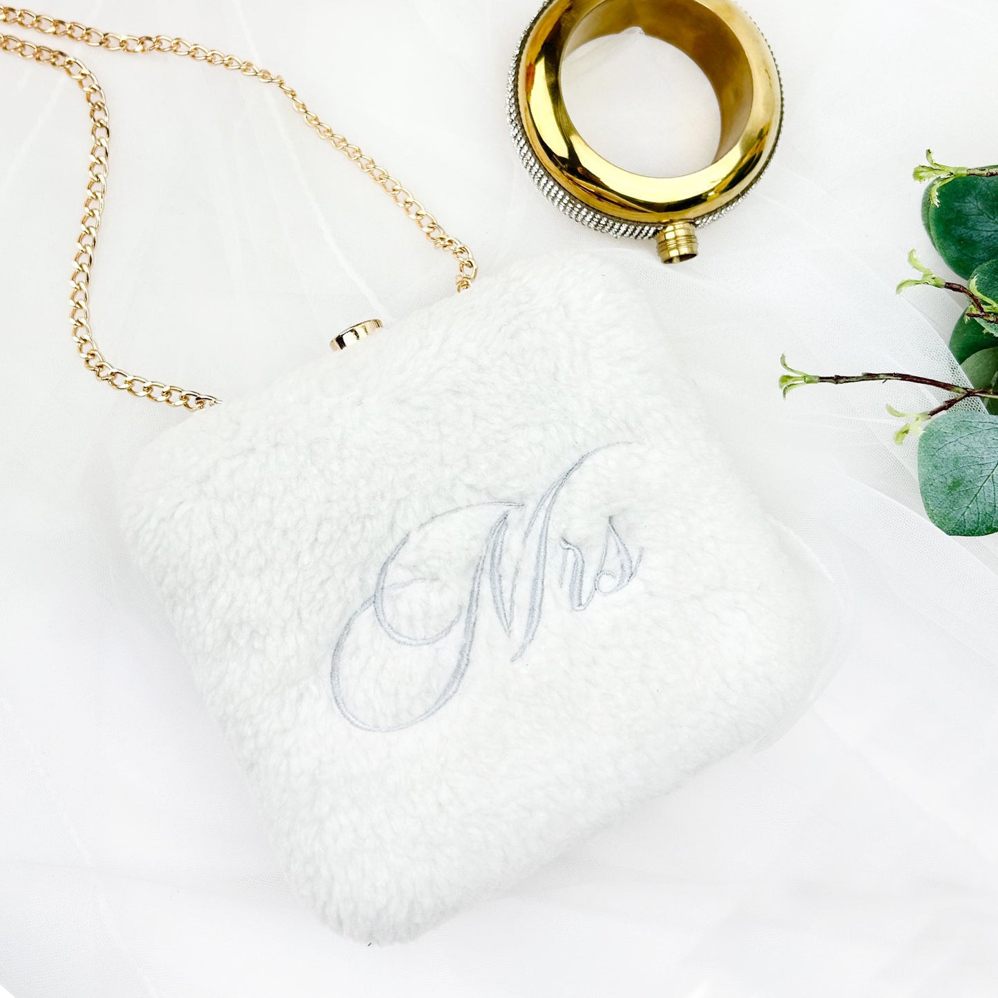 Faux Fur Embroidered Box Clutch for Bride