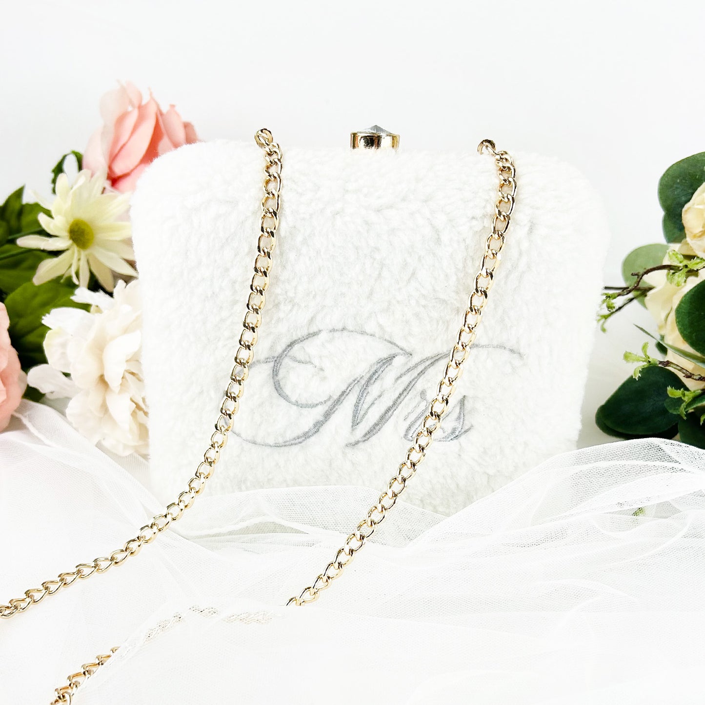 Faux Fur Embroidered Box Clutch for Bride