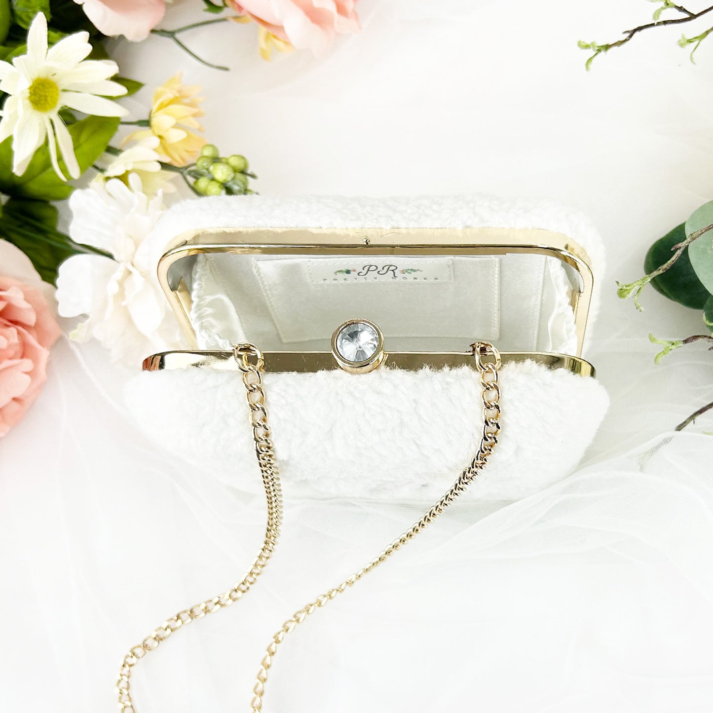 Faux Fur Embroidered Box Clutch for Bride