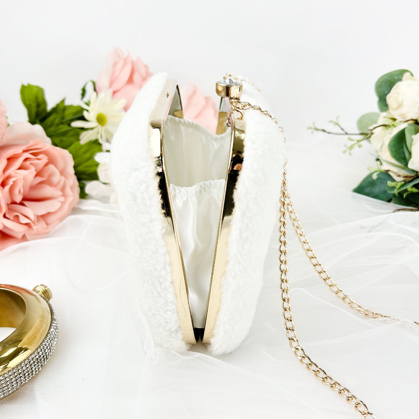 Faux Fur Embroidered Box Clutch for Bride