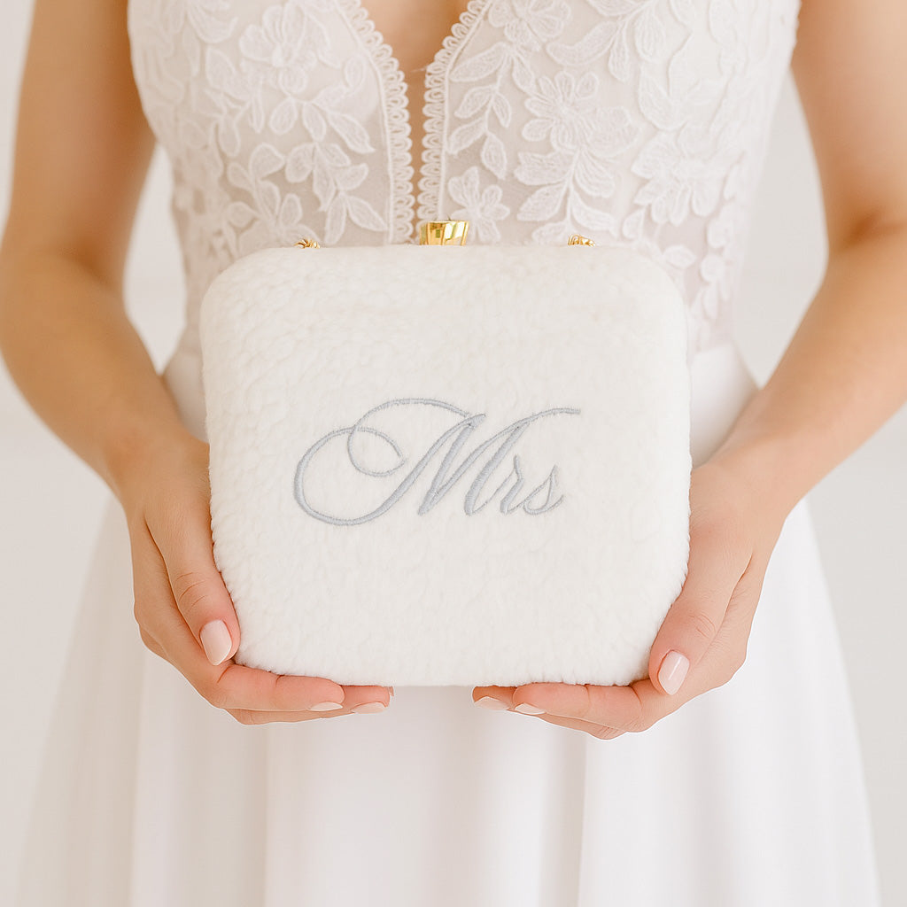 Faux Fur Embroidered Box Clutch for Bride