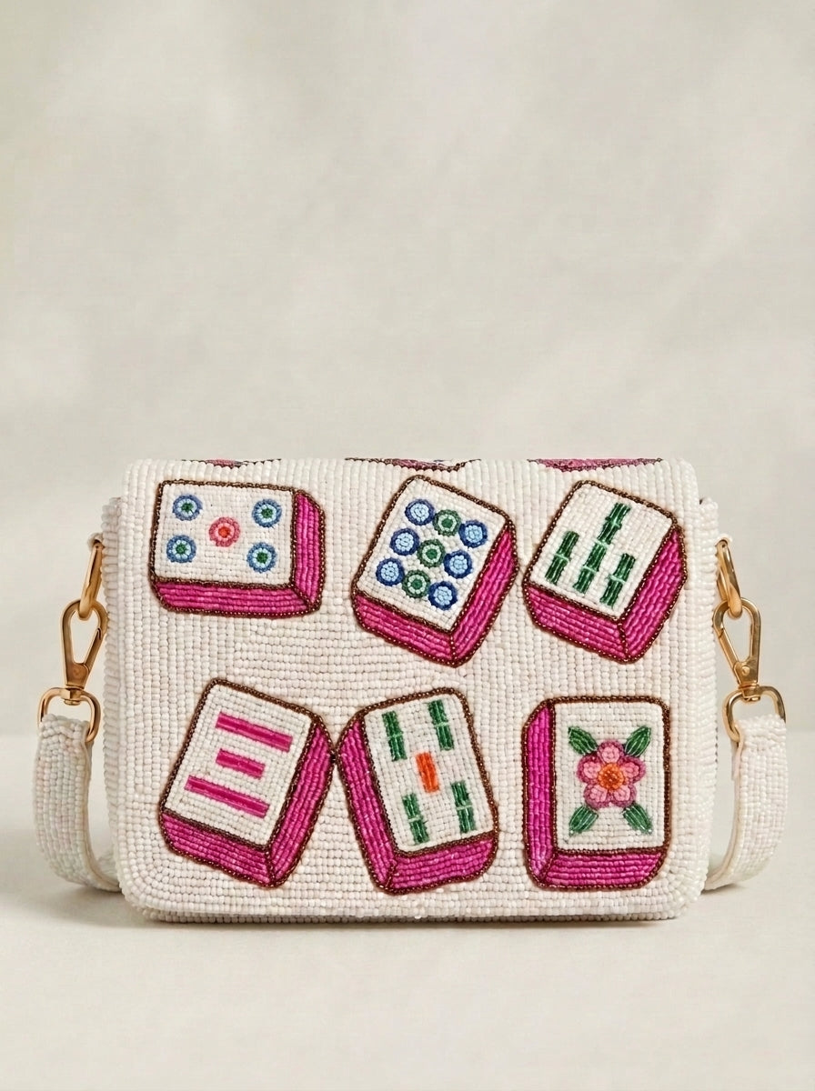 Pink Mahjong Tiles Beaded Shoulder Bag