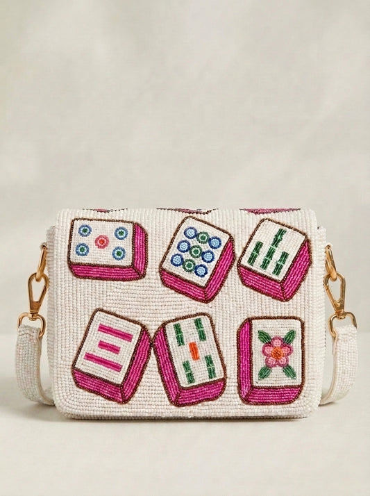 Pink Mahjong Tiles Beaded Shoulder Bag