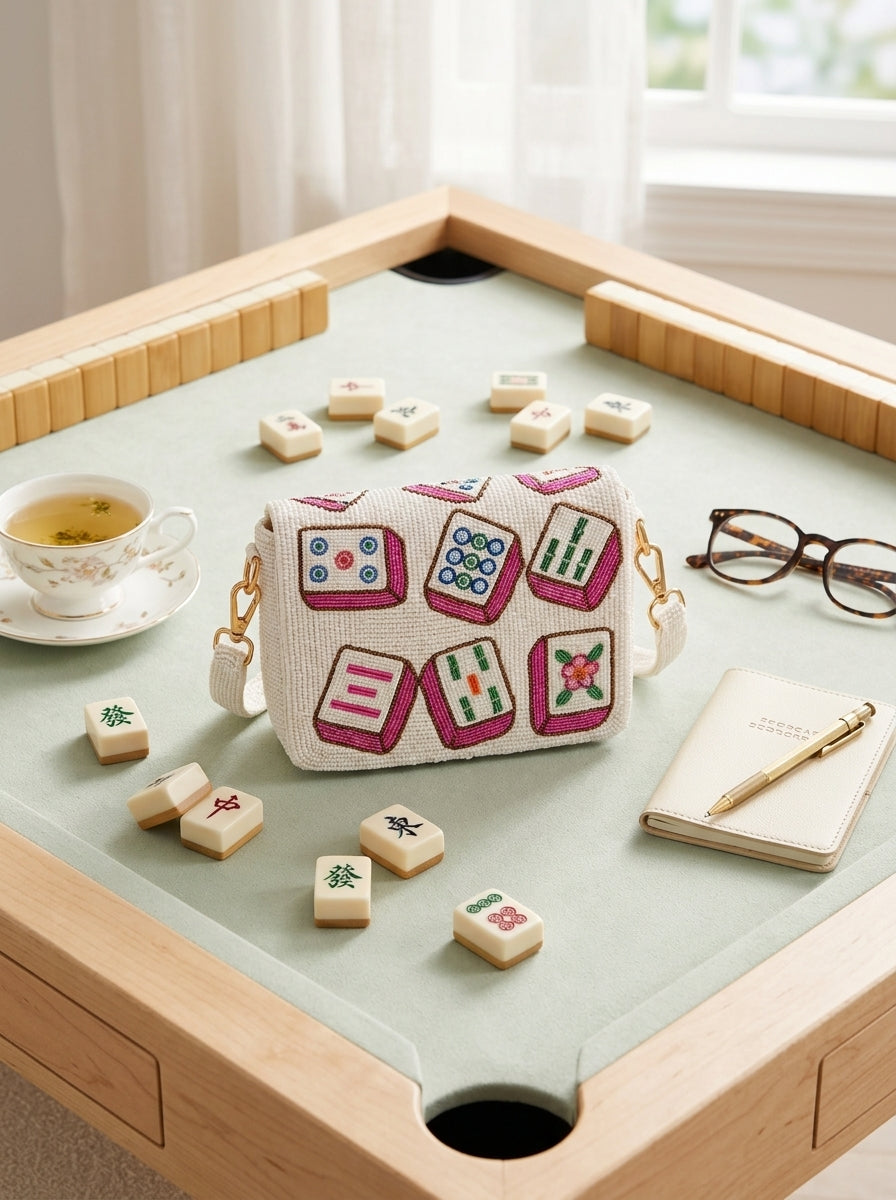 Pink Mahjong Tiles Beaded Shoulder Bag