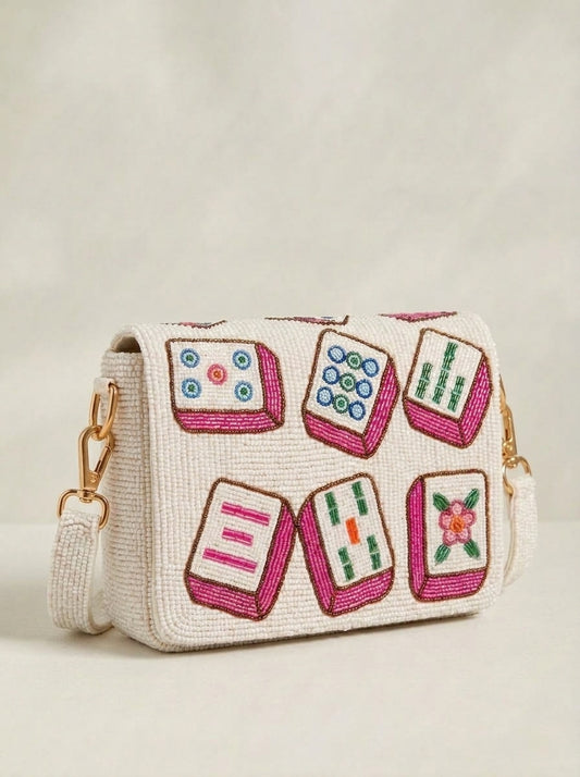 Pink Mahjong Tiles Beaded Shoulder Bag