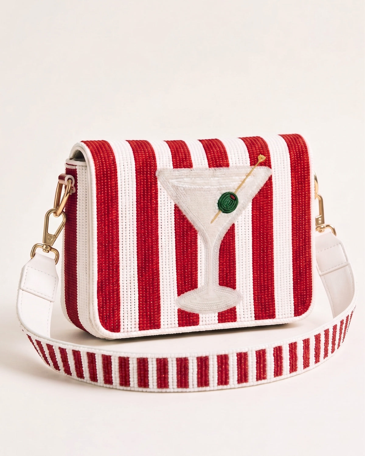 Red Striped Martini D-Flap Beaded Crossbody Bag