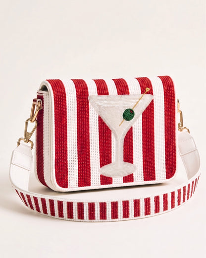 Red Striped Martini D-Flap Beaded Crossbody Bag