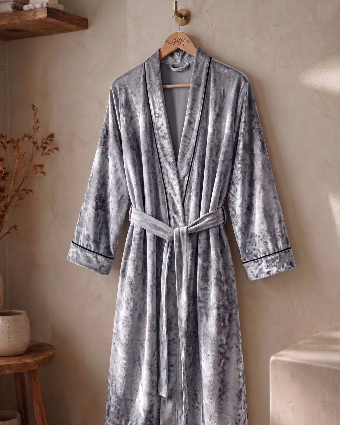 Velour kimono robe with custom embroidered logo