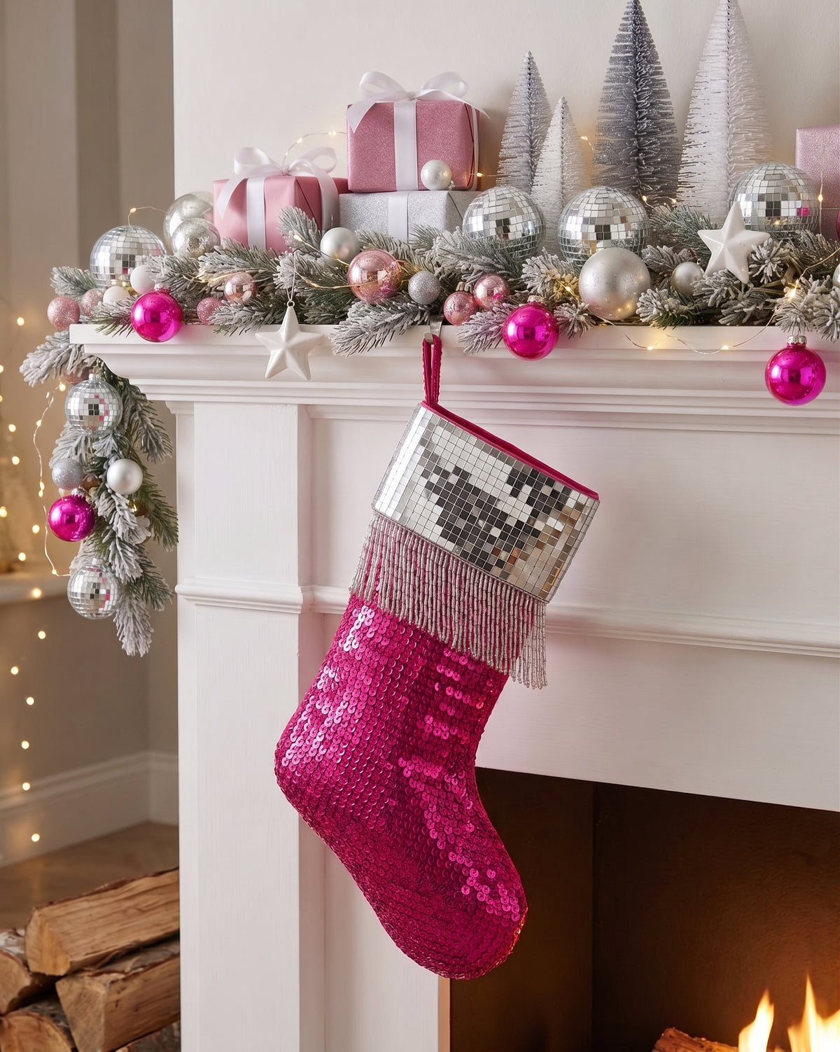 Hot Pink Disco Ball Beaded Stocking