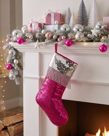 Hot Pink Disco Ball Beaded Stocking
