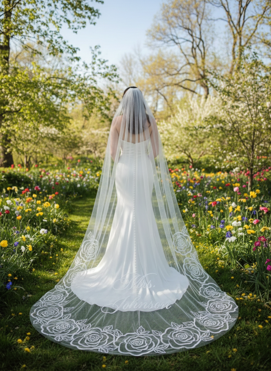 Custom Rose Embroidery Bridal Veil