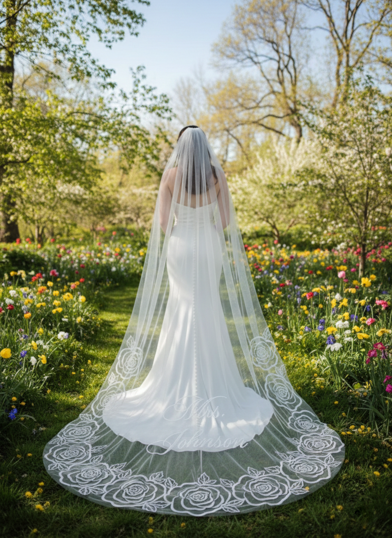 Custom Rose Embroidery Bridal Veil