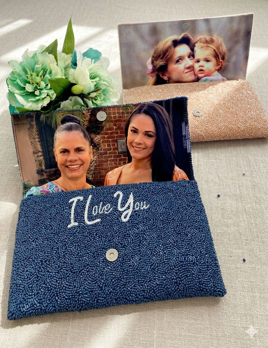 Personalized I Love You hand-beaded clutch with family photos — a touching Mother of the Bride gift
