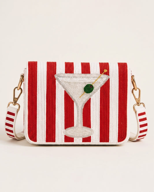 Red Striped Martini D-Flap Beaded Crossbody Bag