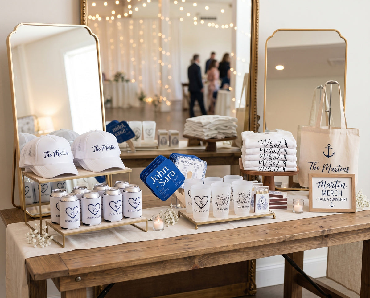 Styled wedding merch table — matching koozies, cups, matchboxes, tees and hats