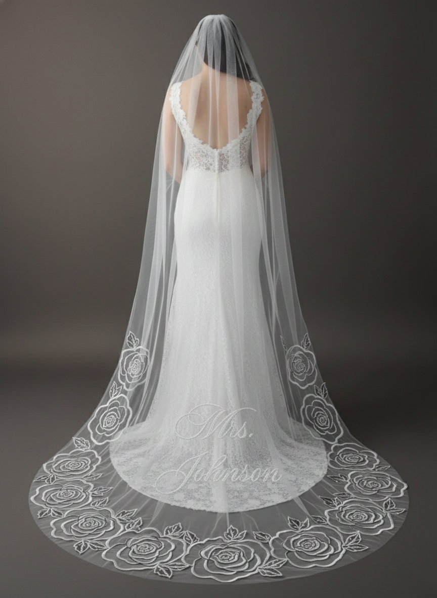 Custom Rose Embroidery Bridal Veil