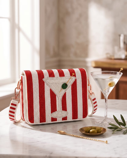 Red Striped Martini D-Flap Beaded Crossbody Bag