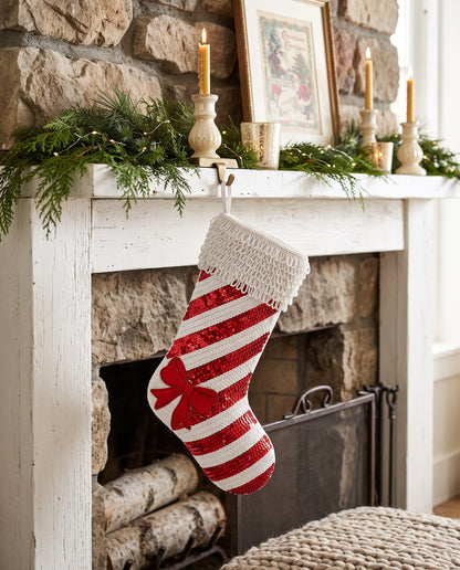 Candy Cane Sequin Beaded Stocking