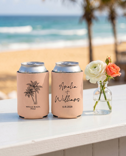 Custom Beach Themed Wedding Can Coolers