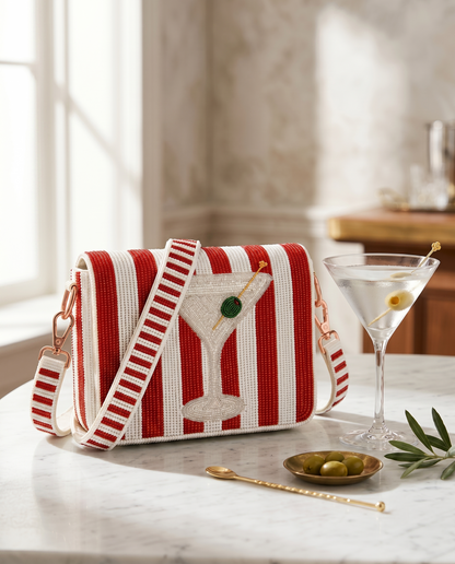 Red Striped Martini D-Flap Beaded Crossbody Bag