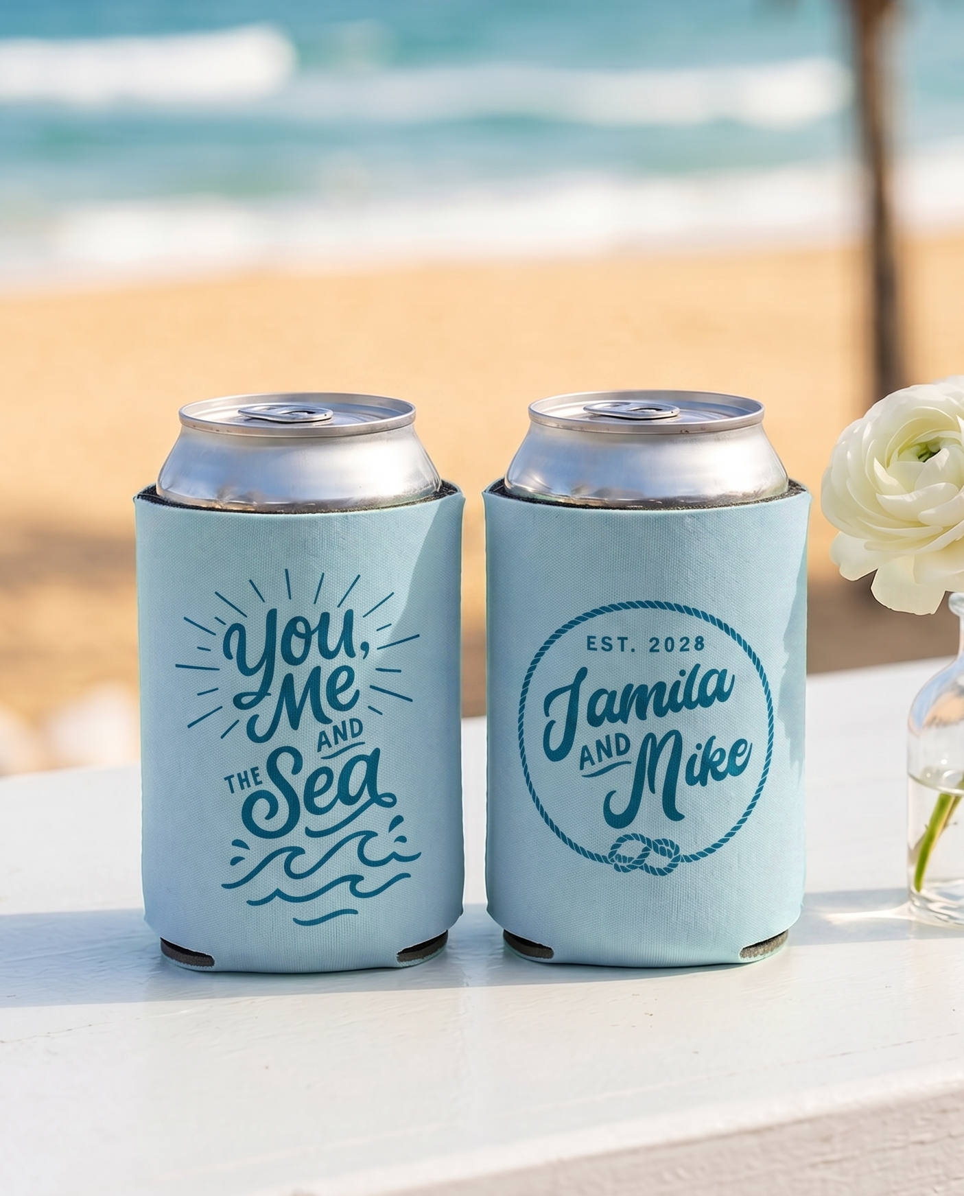 Custom Beach Themed Wedding Can Coolers