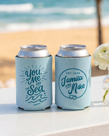 Custom Beach Themed Wedding Can Coolers