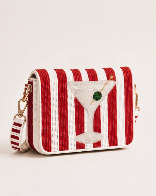 Red Striped Martini D-Flap Beaded Crossbody Bag