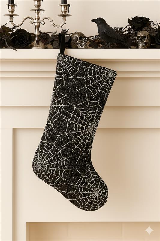 Gothic Spiderweb Beaded Christmas Stocking