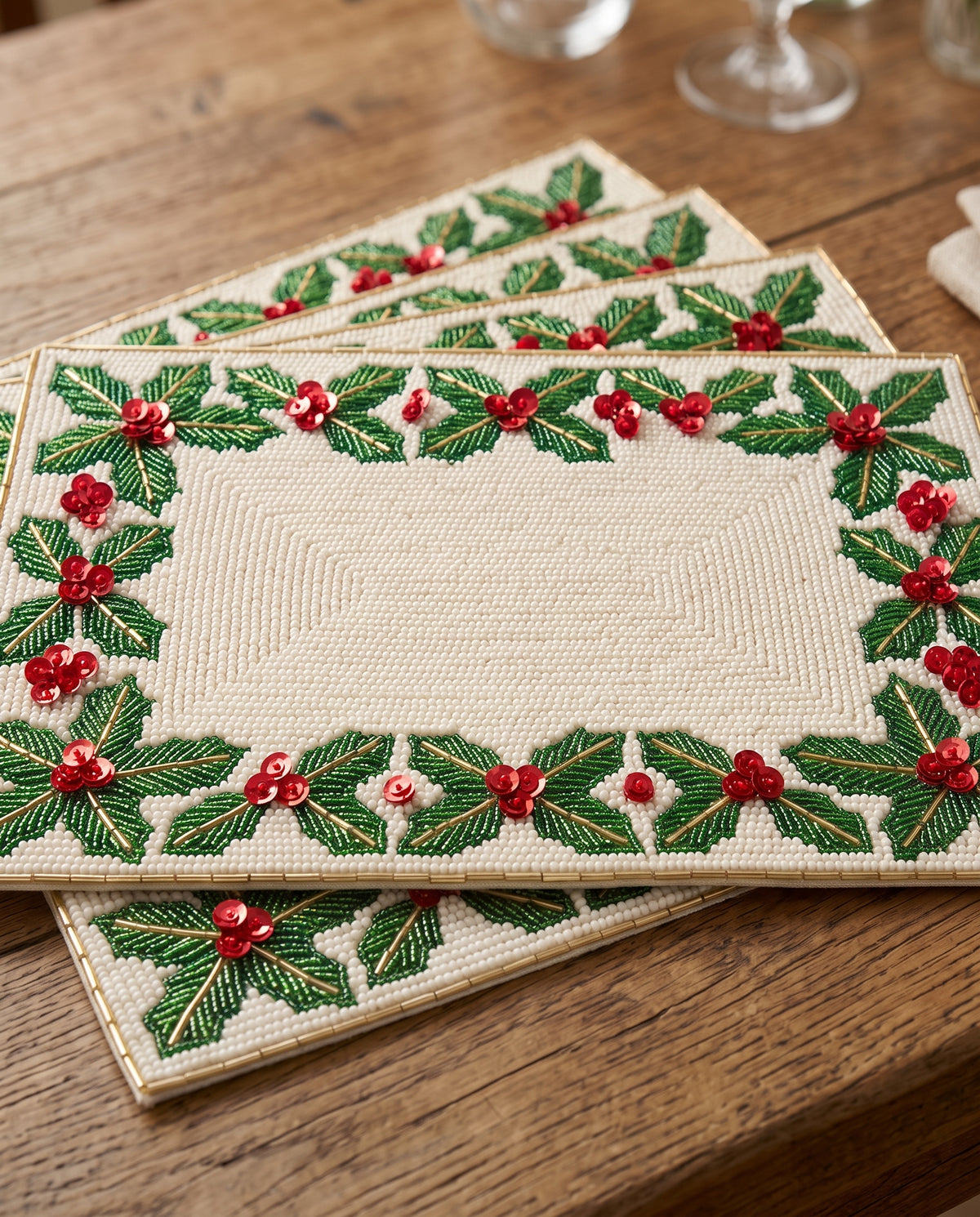 Holly Berry Monogram Beaded Placemat