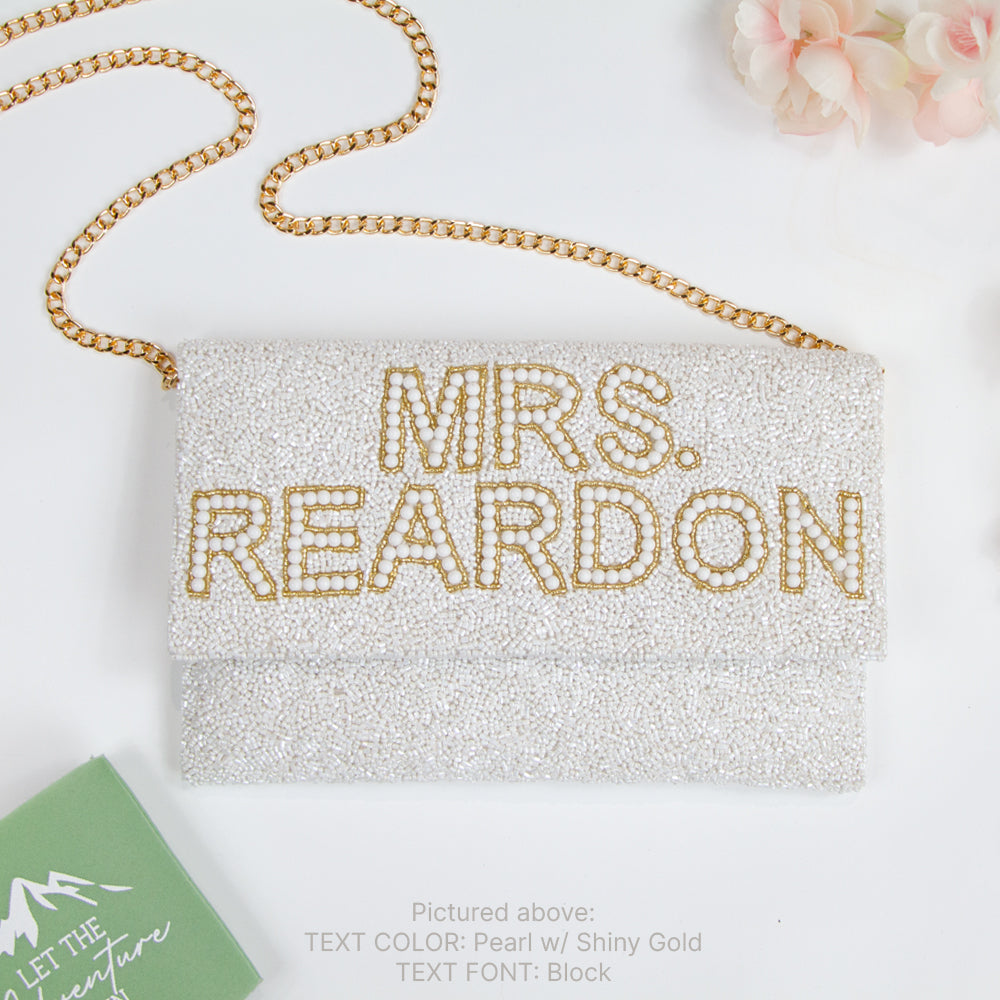 Pearl MRS. Last Name Beaded Bridal Clutch