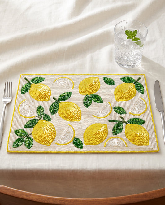 Beaded Lemon Placemat, Personalized Citrus Table Mat with Monogram, Hand Beaded Fruit Dining Placemat, Summer Kitchen Decor
