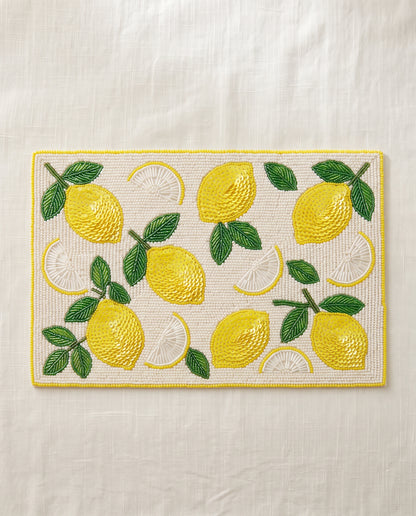 Beaded Lemon Placemat, Personalized Citrus Table Mat with Monogram, Hand Beaded Fruit Dining Placemat, Summer Kitchen Decor