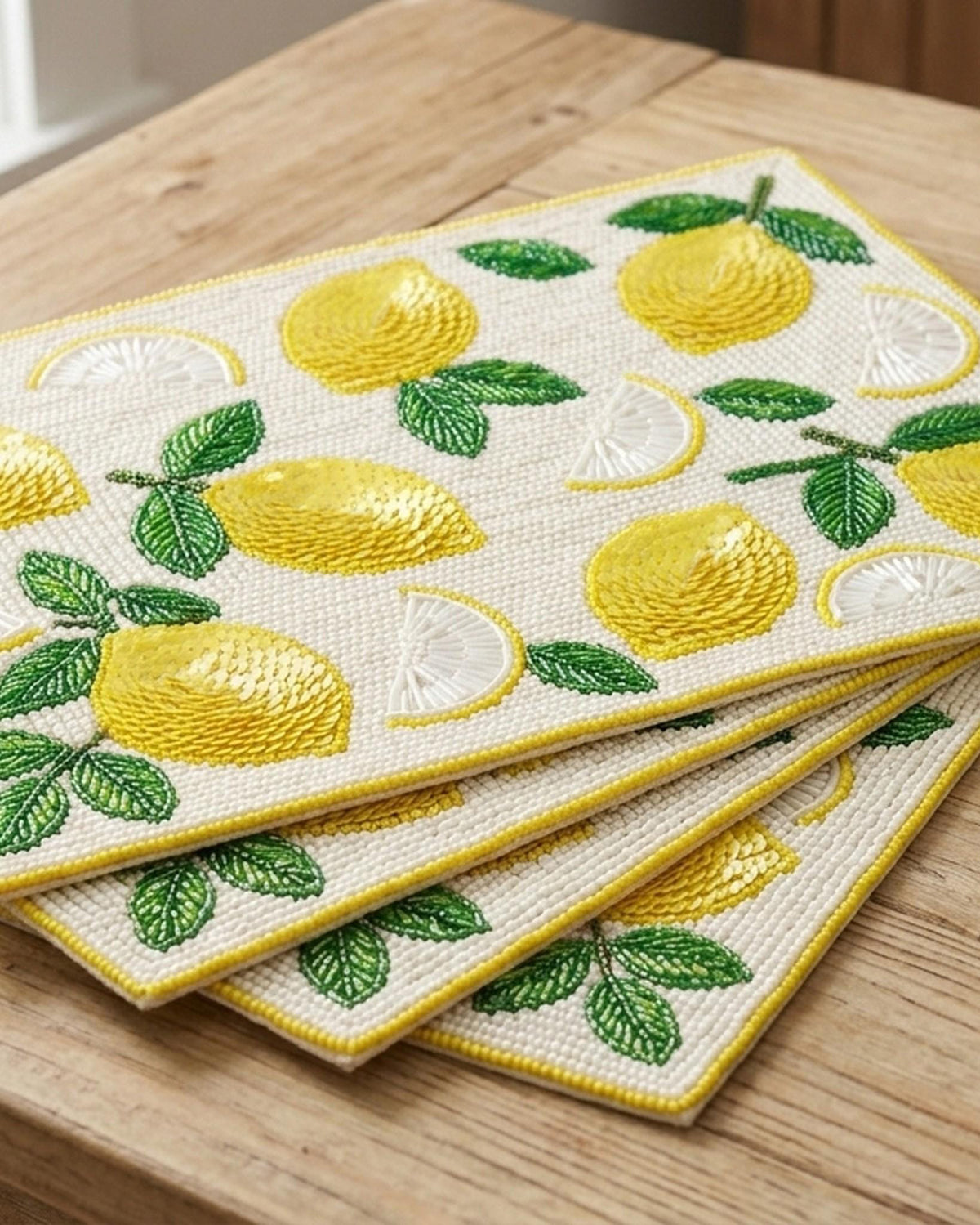 Beaded Lemon Placemat, Personalized Citrus Table Mat with Monogram, Hand Beaded Fruit Dining Placemat, Summer Kitchen Decor