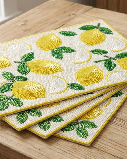 Beaded Lemon Placemat, Personalized Citrus Table Mat with Monogram, Hand Beaded Fruit Dining Placemat, Summer Kitchen Decor
