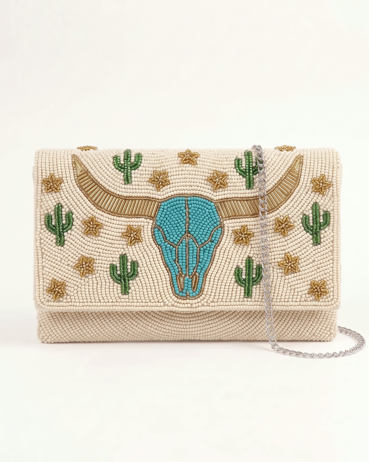 Longhorn Beaded Clutch Purse with Detachable Chain, Personalized Western Envelope Crossbody Bag, Southwestern Turquoise Cow Skull Handbag