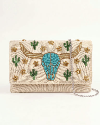 Longhorn Beaded Clutch Purse with Detachable Chain, Personalized Western Envelope Crossbody Bag, Southwestern Turquoise Cow Skull Handbag