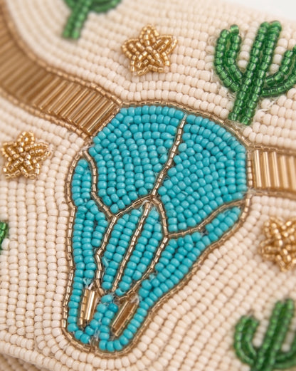 Longhorn Beaded Clutch Purse with Detachable Chain, Personalized Western Envelope Crossbody Bag, Southwestern Turquoise Cow Skull Handbag