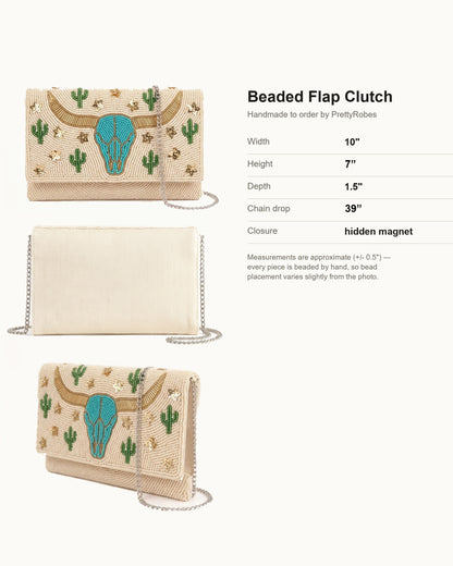 Longhorn Beaded Clutch Purse with Detachable Chain, Personalized Western Envelope Crossbody Bag, Southwestern Turquoise Cow Skull Handbag