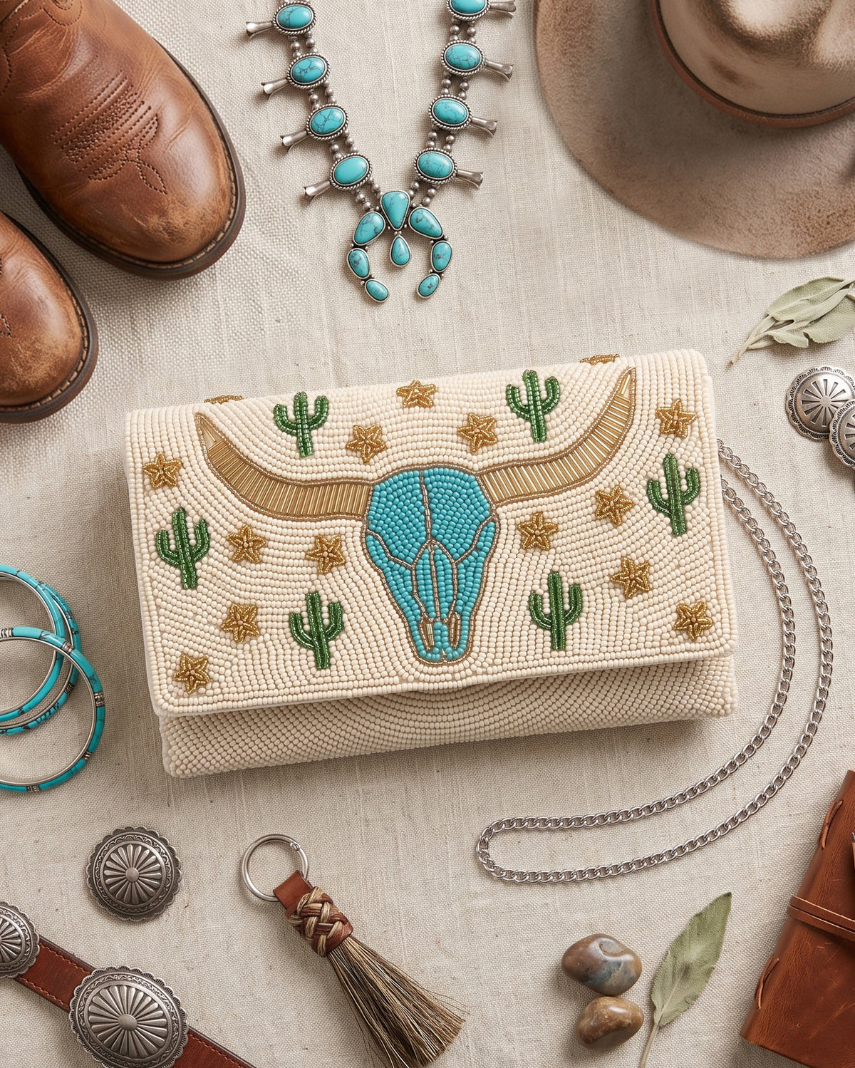 Longhorn Beaded Clutch Purse with Detachable Chain, Personalized Western Envelope Crossbody Bag, Southwestern Turquoise Cow Skull Handbag