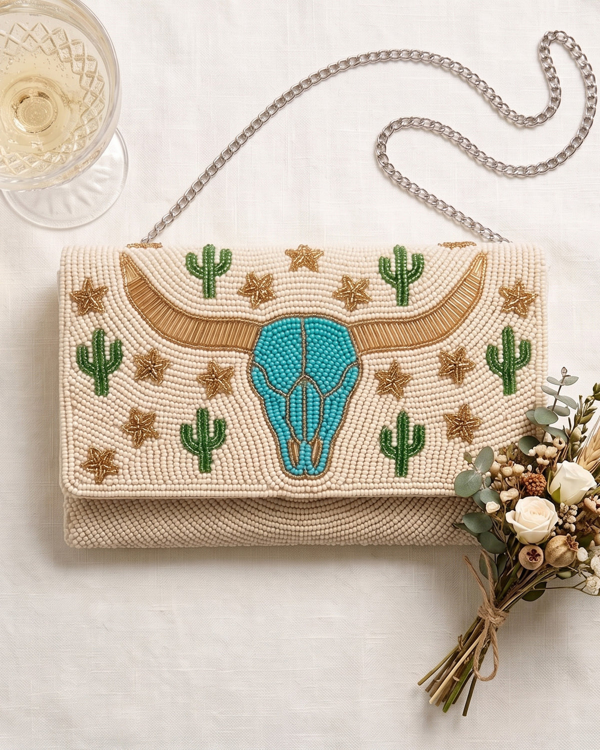 Longhorn Beaded Clutch Purse with Detachable Chain, Personalized Western Envelope Crossbody Bag, Southwestern Turquoise Cow Skull Handbag