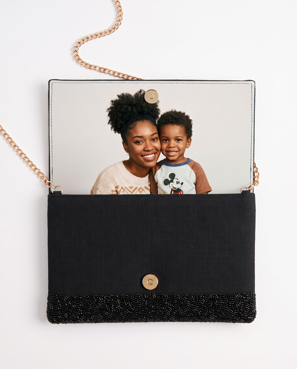 Mother of the Groom Beaded Clutch, Black and Gold Wedding Purse with Rose Details, Custom Bridal Party Handbag with Detachable Chain