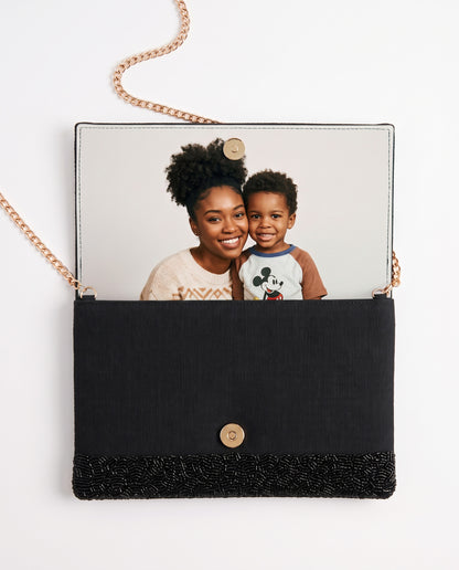 Mother of the Groom Beaded Clutch, Black and Gold Wedding Purse with Rose Details, Custom Bridal Party Handbag with Detachable Chain