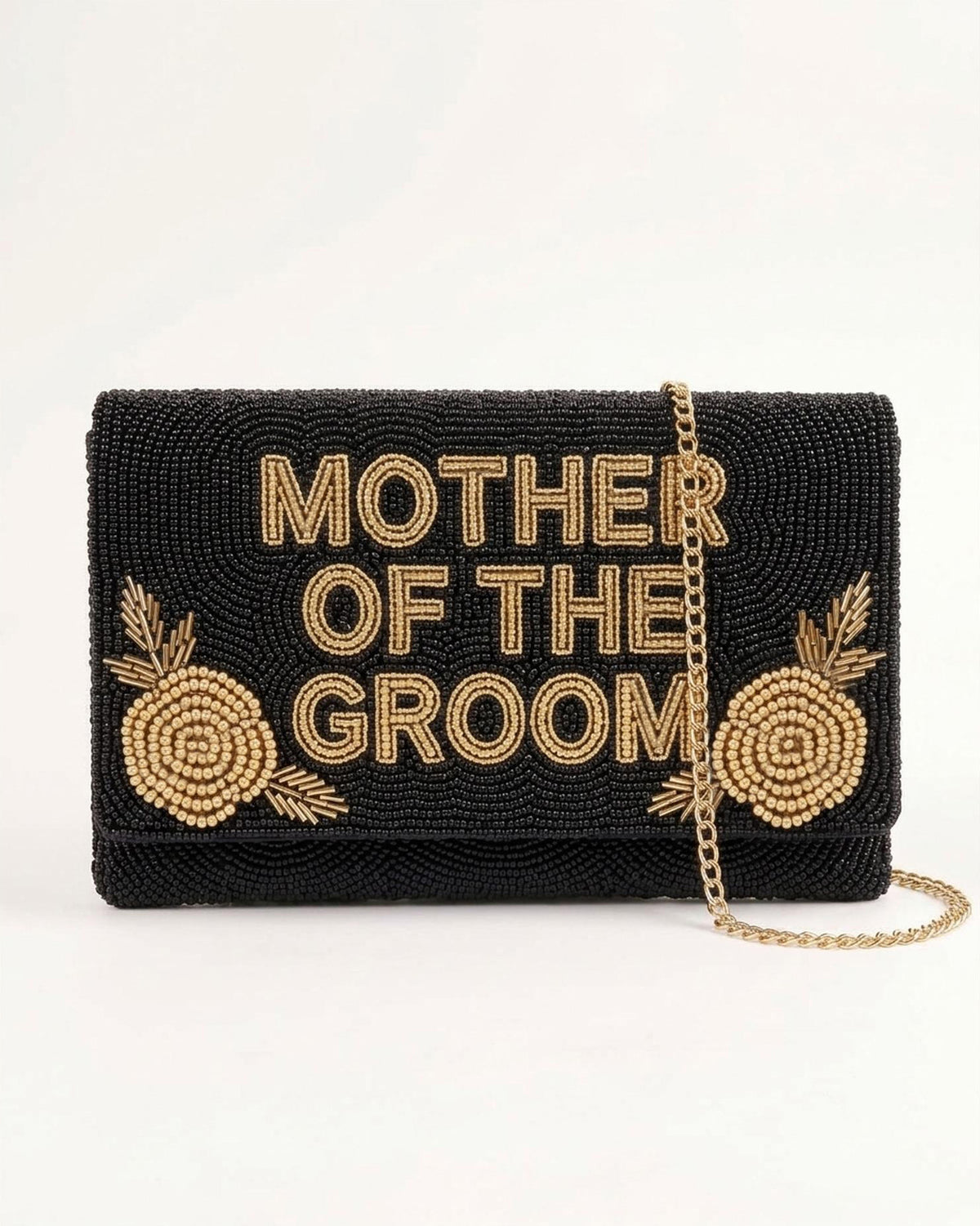 Mother of the Groom Beaded Clutch, Black and Gold Wedding Purse with Rose Details, Custom Bridal Party Handbag with Detachable Chain